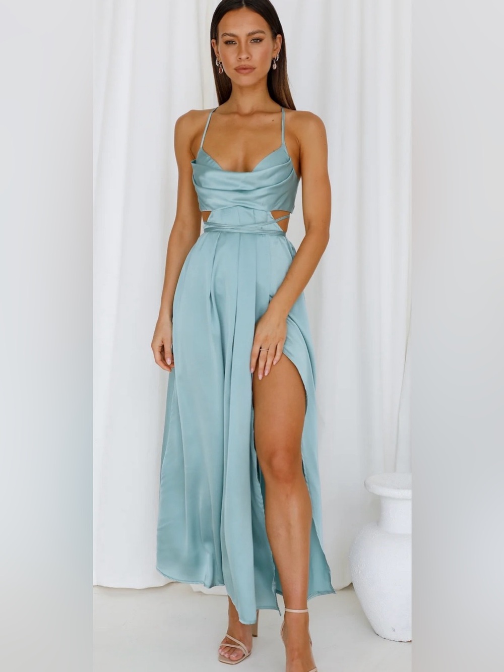 NEW Hello Molly A Bed Of Roses Satin Cutout‎ Maxi Dress Sage Green Large US 8